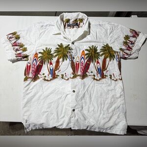 VTG Hawaiian Shirt Mens Large White Surfboard All Over Print Favant Camp Collar